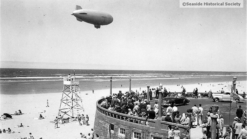 A blimp searches for Japanese submarines at Seaside along the Oregon Coast in this photo provided by the Seaside Historical Society.